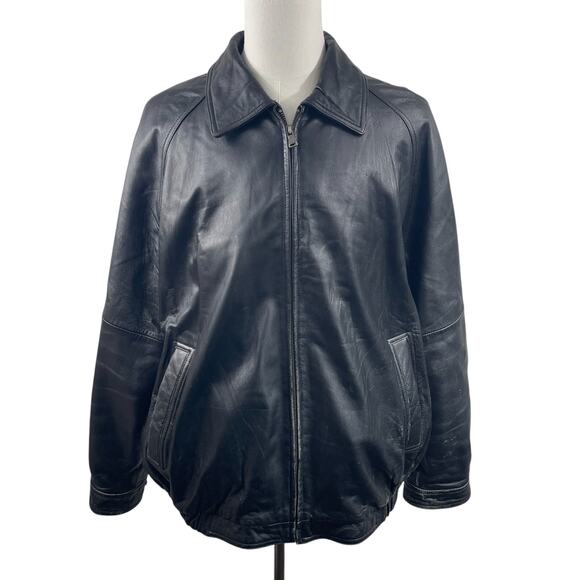 VTG 90s Bill Blass Black Leather Jacket Men XL Bomber Aviator Distressed Moto - Picture 1 of 10